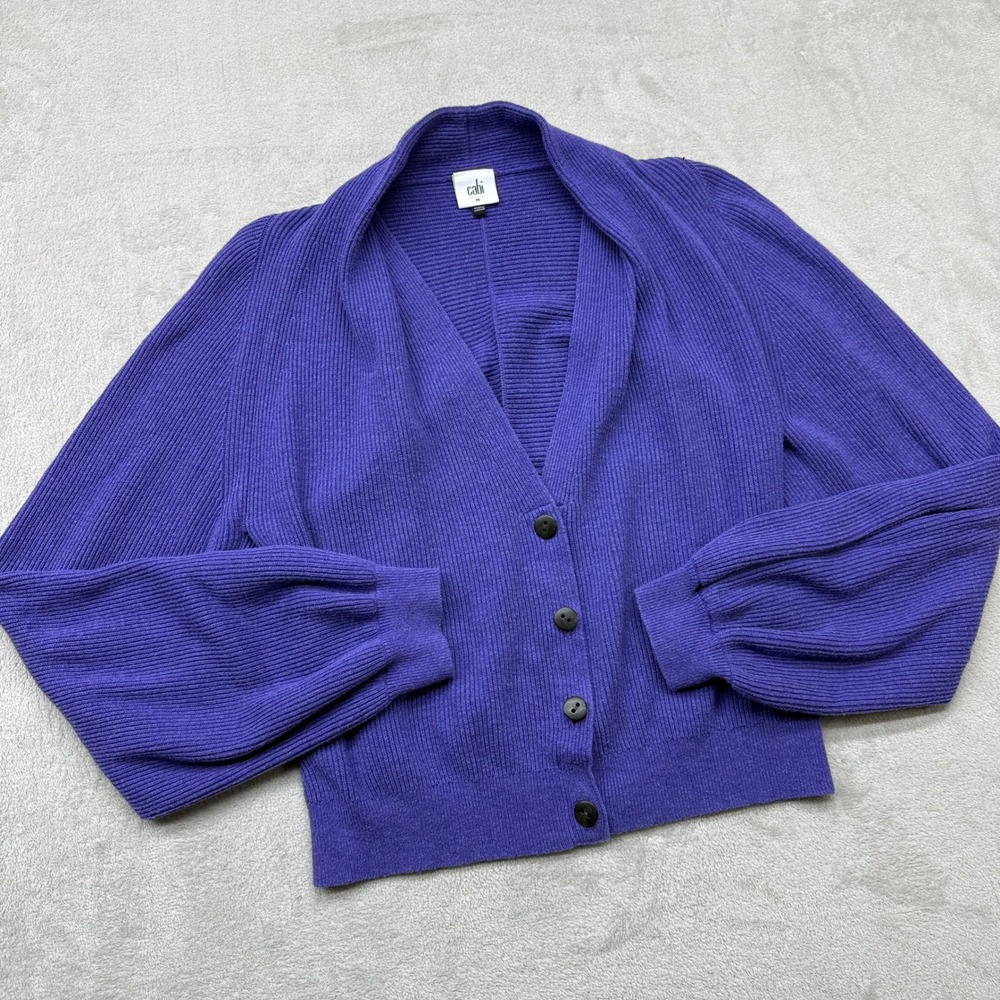 Cabi Sweater Women's Medium Cardigan Purple Ribbed Balloon Sleeve Shawl Collar